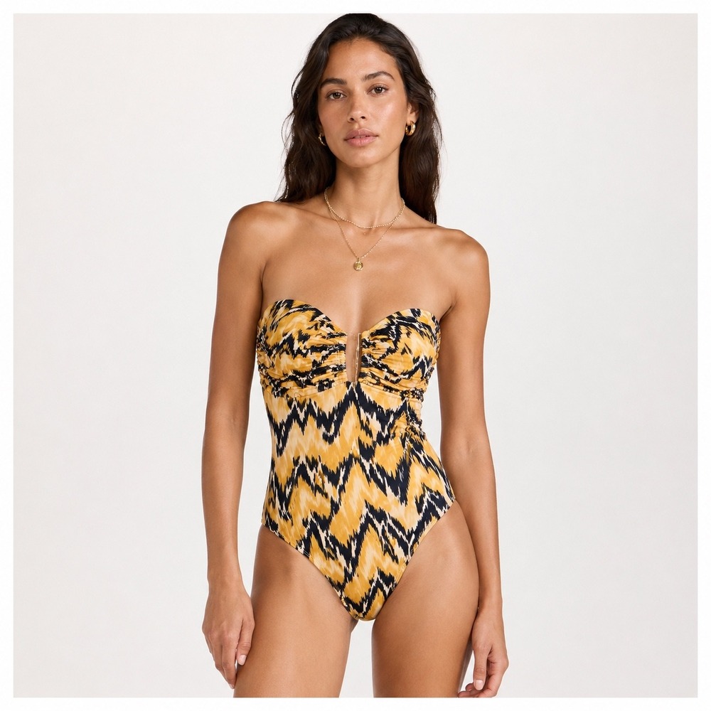 Ulla Johnson Monterey Strapless Maillot Solera Ikat Swimsuit Yellow Black L NEW